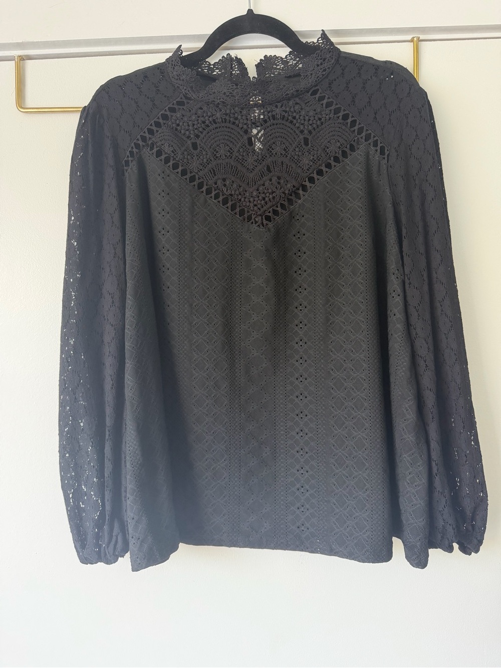 SHEIN Black Lace Yoke Long Sleeve Blouse